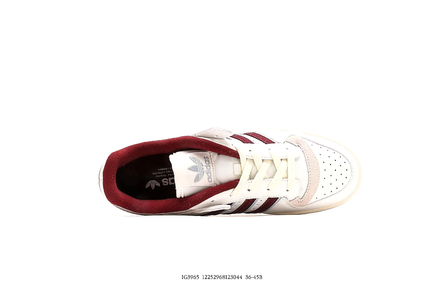 Adidas cream burgundy low court sneaker side view with QC proof angles