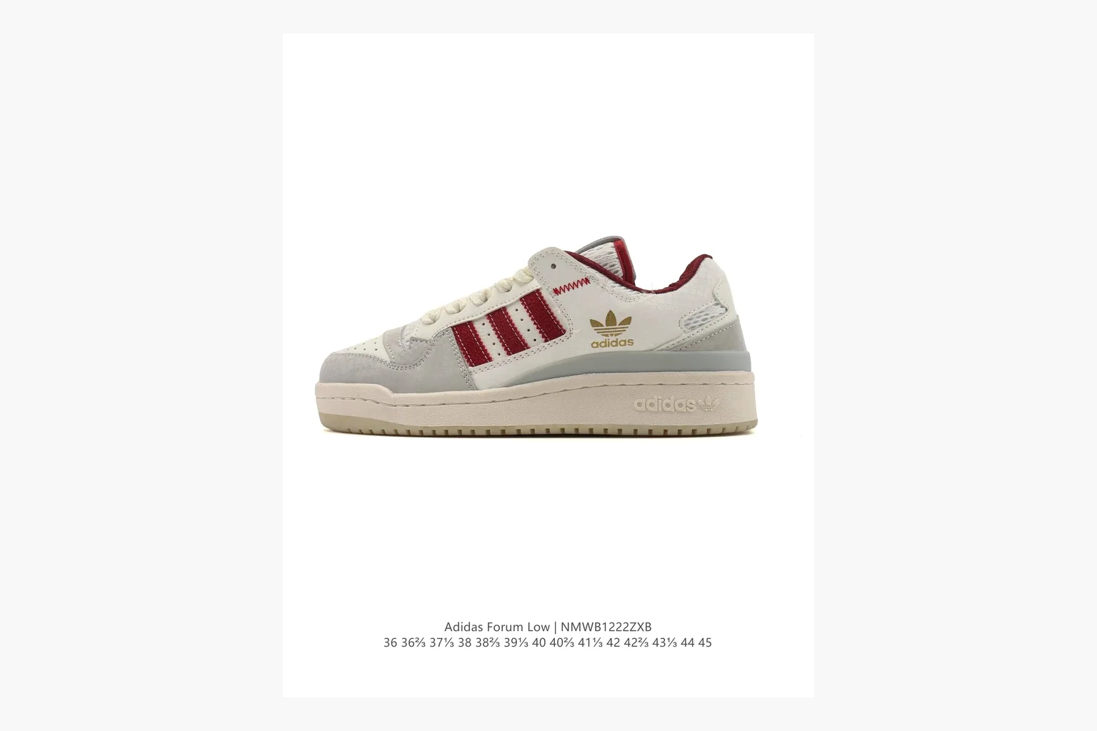 Adidas Forum Low White Burgundy comparison photo showing white leather low-top upper, burgundy three-stripe accents, gum sole, padded court profile, and strap-style Forum shape