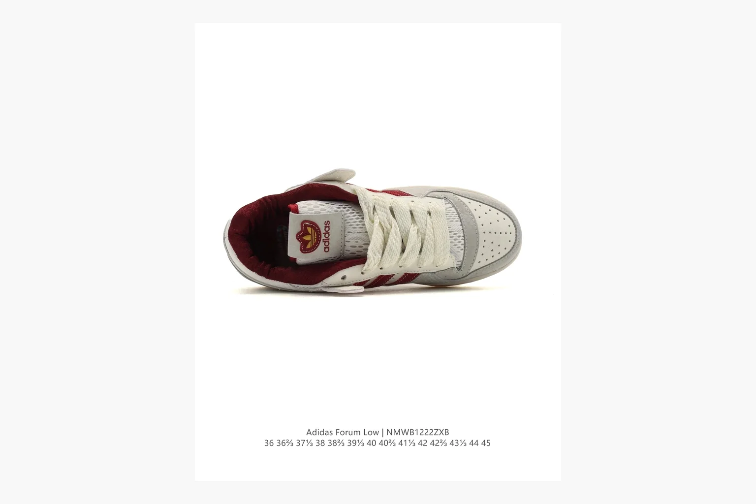 Adidas Forum Low White Burgundy comparison photo showing white leather low-top upper, burgundy three-stripe accents, gum sole, padded court profile, and strap-style Forum shape