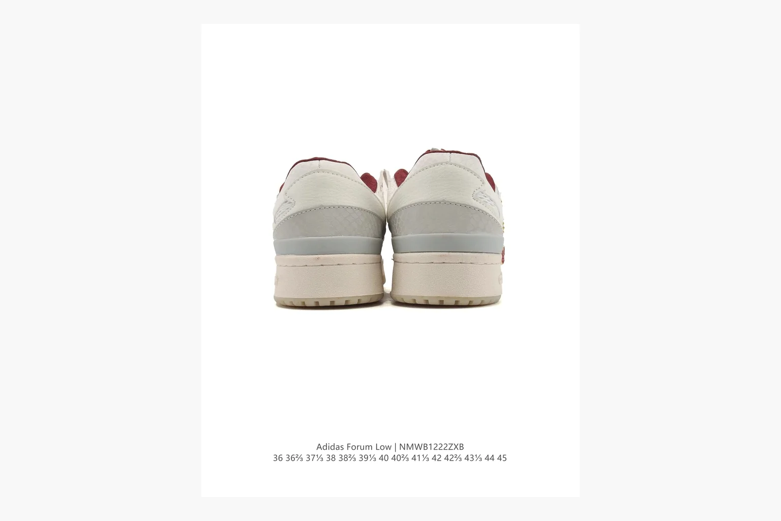 Adidas Forum Low White Burgundy comparison photo showing white leather low-top upper, burgundy three-stripe accents, gum sole, padded court profile, and strap-style Forum shape thumbnail 3
