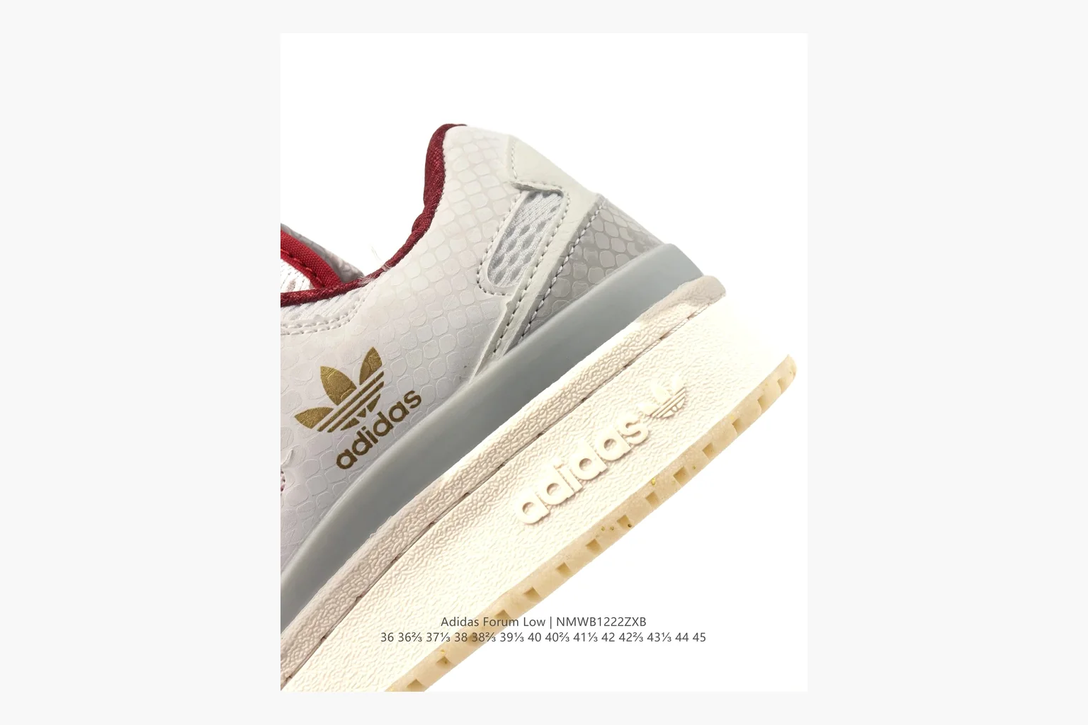 Adidas Forum Low White Burgundy comparison photo showing white leather low-top upper, burgundy three-stripe accents, gum sole, padded court profile, and strap-style Forum shape thumbnail 5