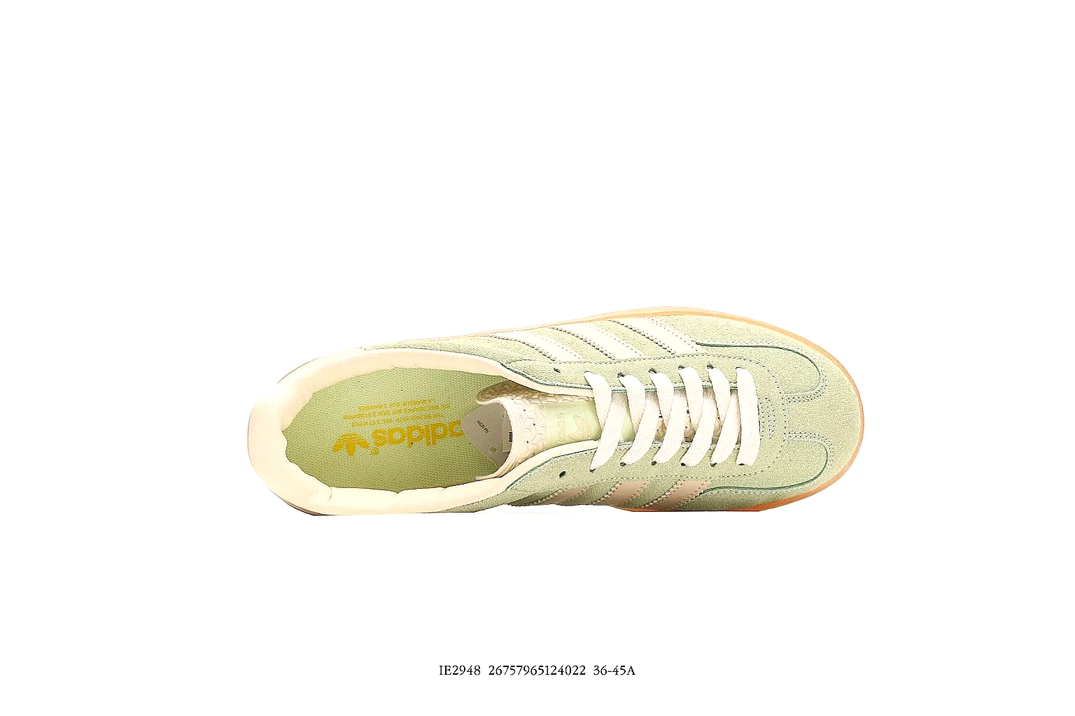 Adidas pale green suede low trainer side profile for QC comparison