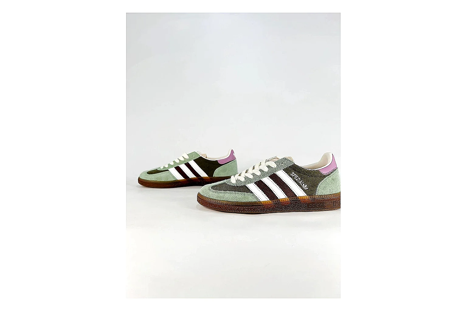 Adidas Originals Handball Spezial Green Brown Sneakers comparison signal photo with green brown handball sneakers with suede-leather texture, side-profile shape, upper panel lines, and outsole detail thumbnail 5