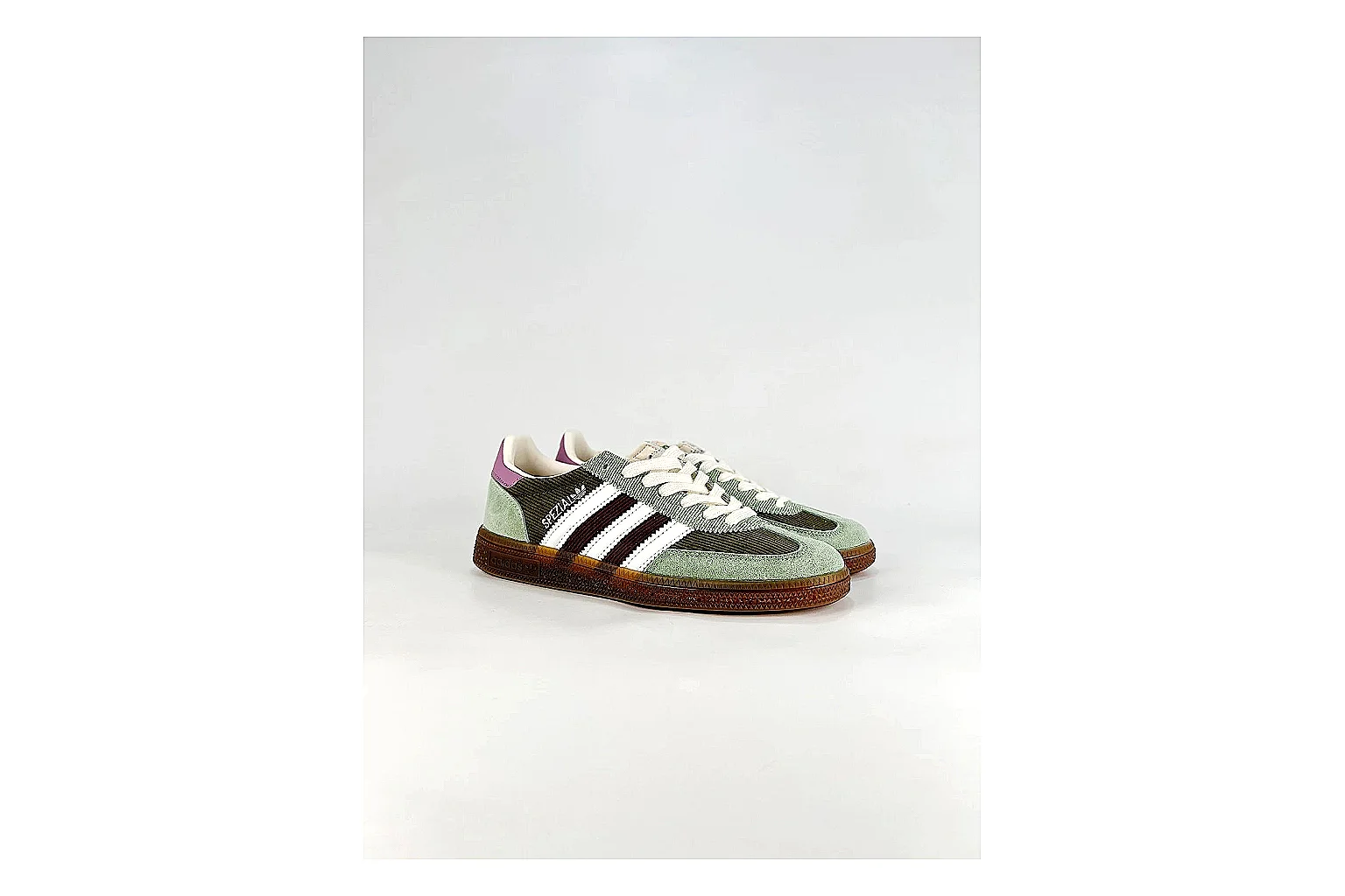 Adidas Originals Handball Spezial Green Brown Sneakers comparison signal photo with green brown handball sneakers with suede-leather texture, side-profile shape, upper panel lines, and outsole detail thumbnail 6