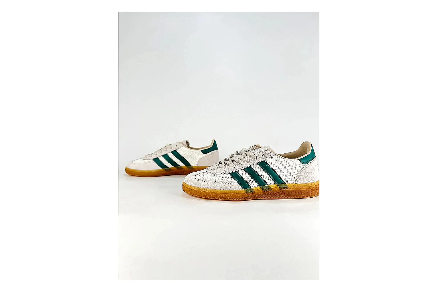Adidas Originals Handball Spezial White Green Sneakers comparison signal photo with white green handball sneakers with suede-leather texture, side-profile shape, upper panel lines, and outsole detail thumbnail 5