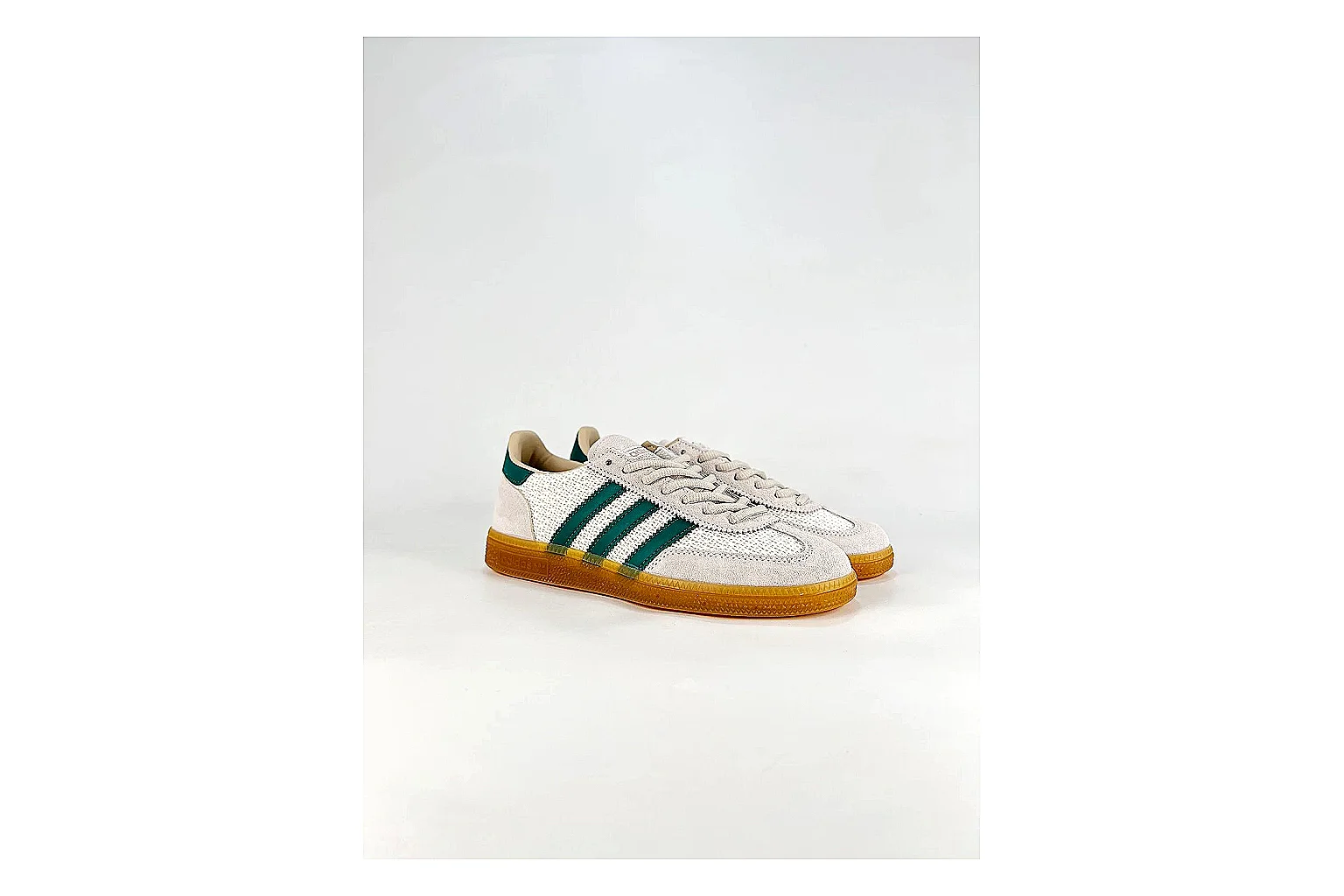 Adidas Originals Handball Spezial White Green Sneakers comparison signal photo with white green handball sneakers with suede-leather texture, side-profile shape, upper panel lines, and outsole detail thumbnail 6