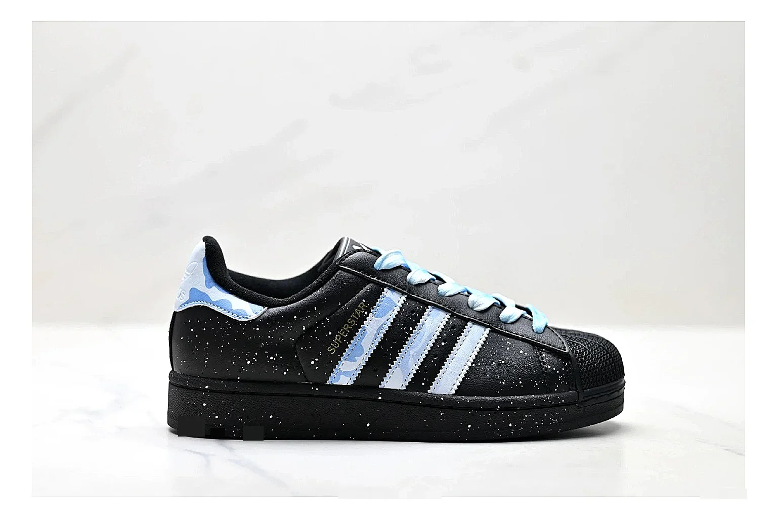 Adidas Originals Samba Black Blue Sneakers comparison signal photo with black blue terrace sneakers with leather texture, side-profile shape, upper panel lines, and outsole detail