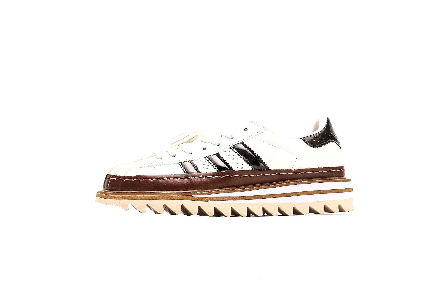 Adidas 0399 white platform low top with black stripes and brown welt thumbnail 2