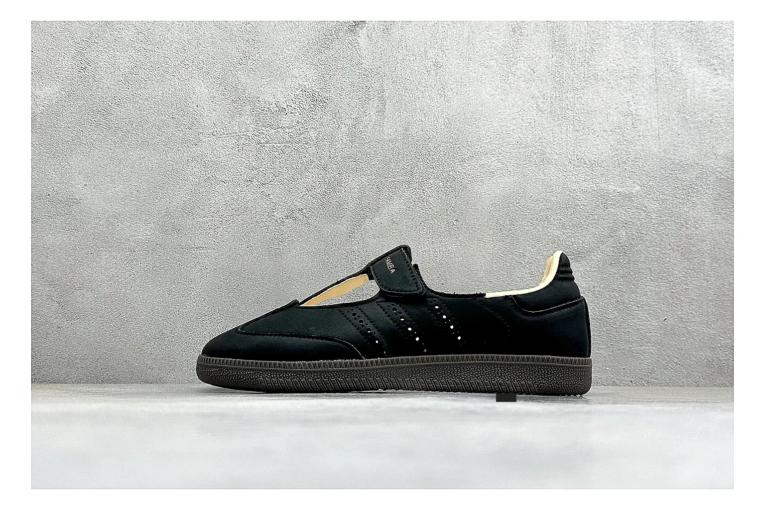 Adidas Samba Jane Black comparison photo showing black Mary Jane upper, Samba-style stripes, strap closure, gum outsole, and low terrace shape