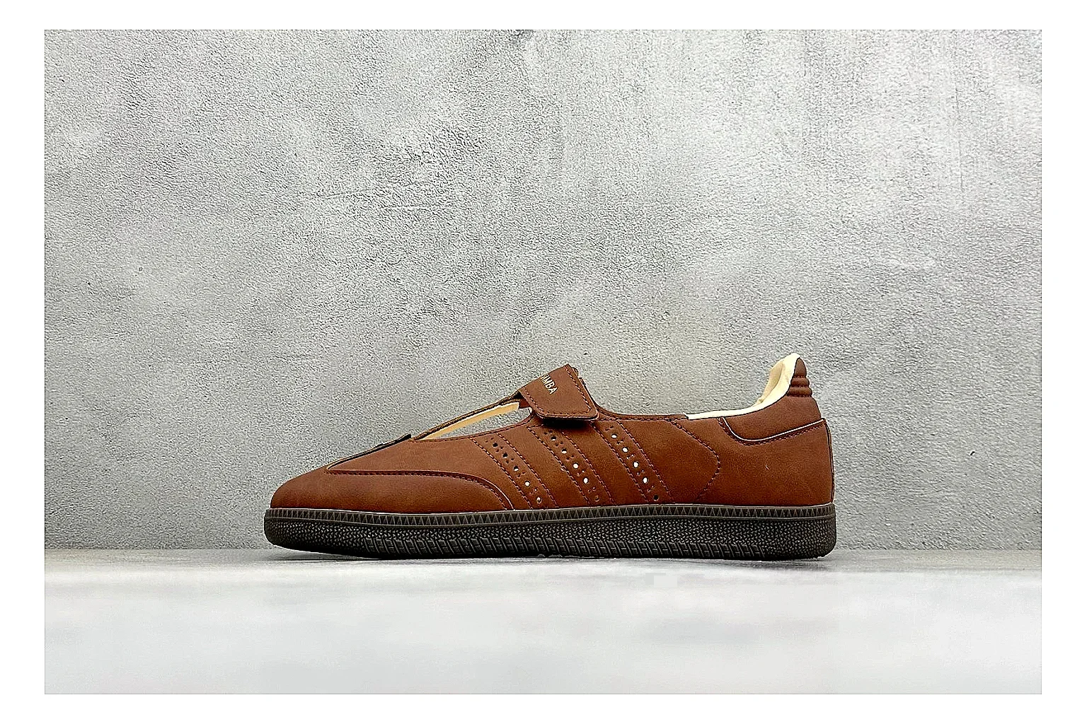 Adidas Samba Jane Brown comparison photo showing brown Mary Jane upper, Samba-style side stripes, strap closure, gum outsole, and low terrace profile