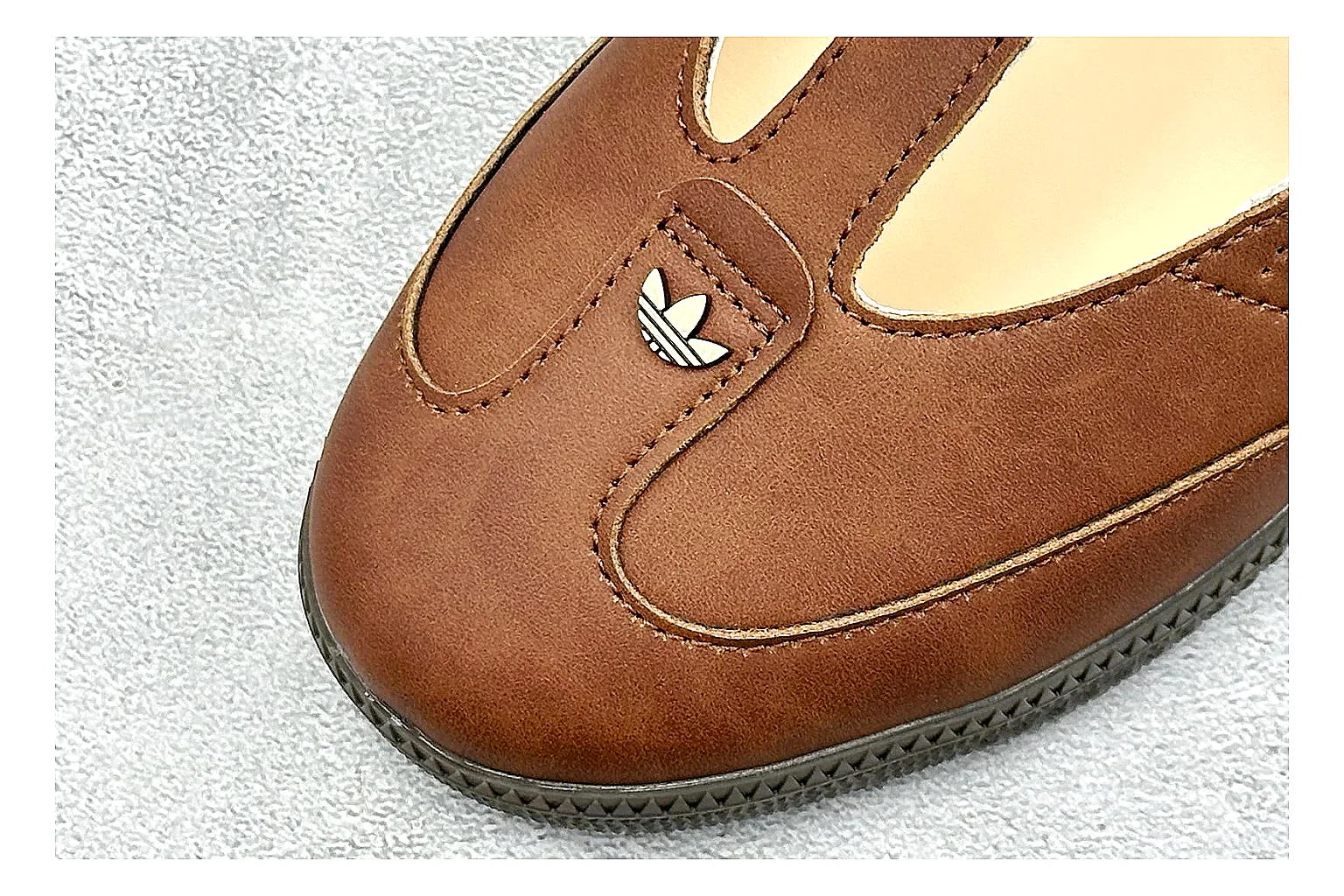 Adidas Samba Jane Brown comparison photo showing brown Mary Jane upper, Samba-style side stripes, strap closure, gum outsole, and low terrace profile thumbnail 5