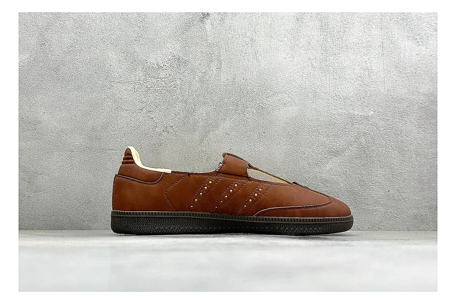 Adidas Samba Jane Brown comparison photo showing brown Mary Jane upper, Samba-style side stripes, strap closure, gum outsole, and low terrace profile thumbnail 6