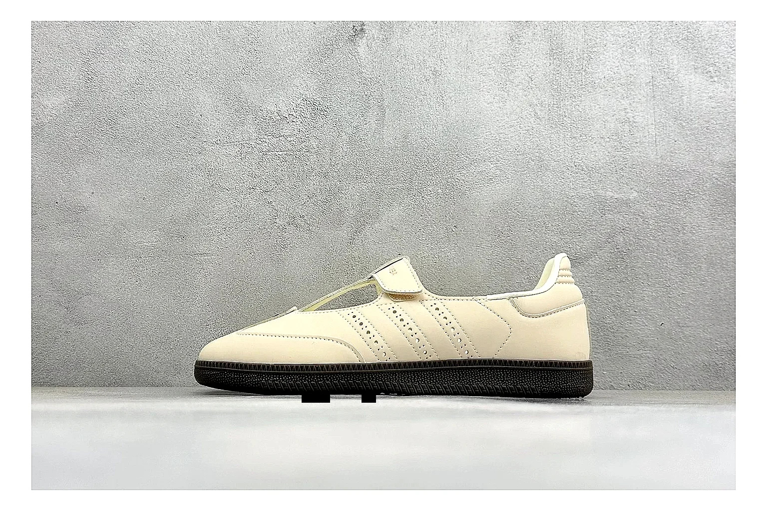 Adidas Samba Jane Cream comparison photo showing cream Mary Jane upper, dark gum outsole, Samba-style side stripes, and low strap silhouette