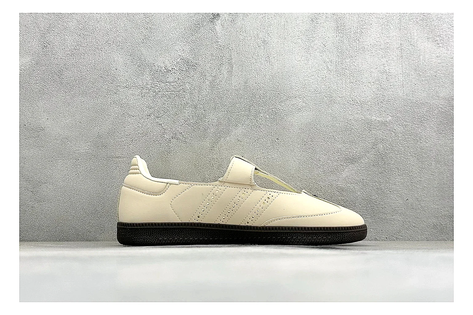 Adidas Samba Jane Cream comparison photo showing cream Mary Jane upper, dark gum outsole, Samba-style side stripes, and low strap silhouette thumbnail 6