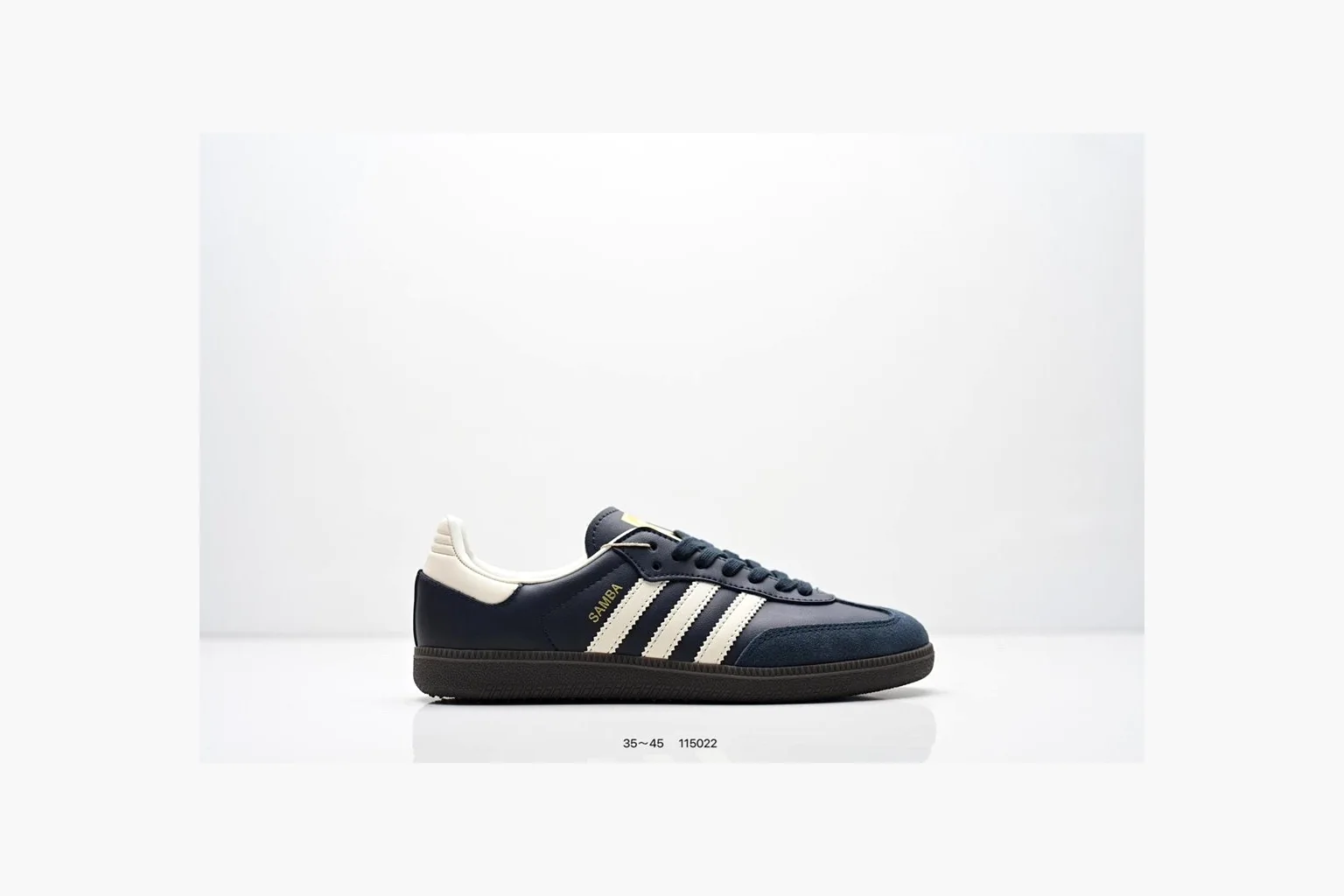 Adidas Samba OG Black White Gold comparison photo showing black leather-suede low-top upper, white three stripes, gold tongue label, gum sole, and classic Samba side profile