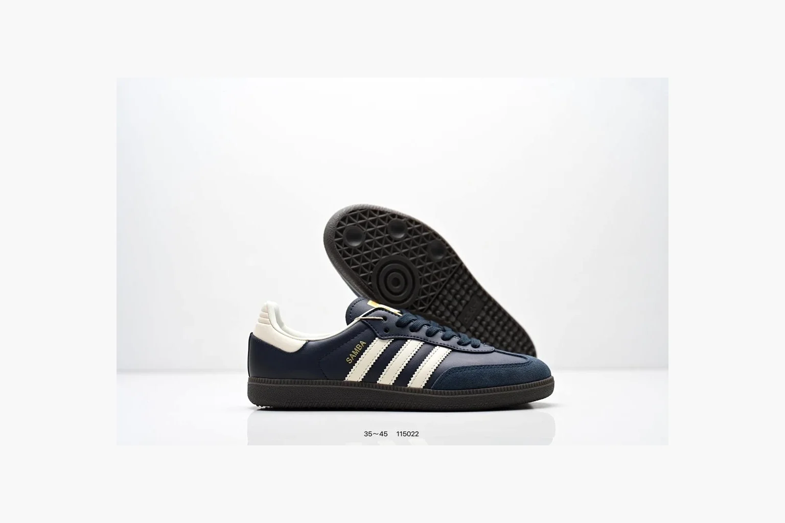 Adidas Samba OG Black White Gold comparison photo showing black leather-suede low-top upper, white three stripes, gold tongue label, gum sole, and classic Samba side profile thumbnail 3