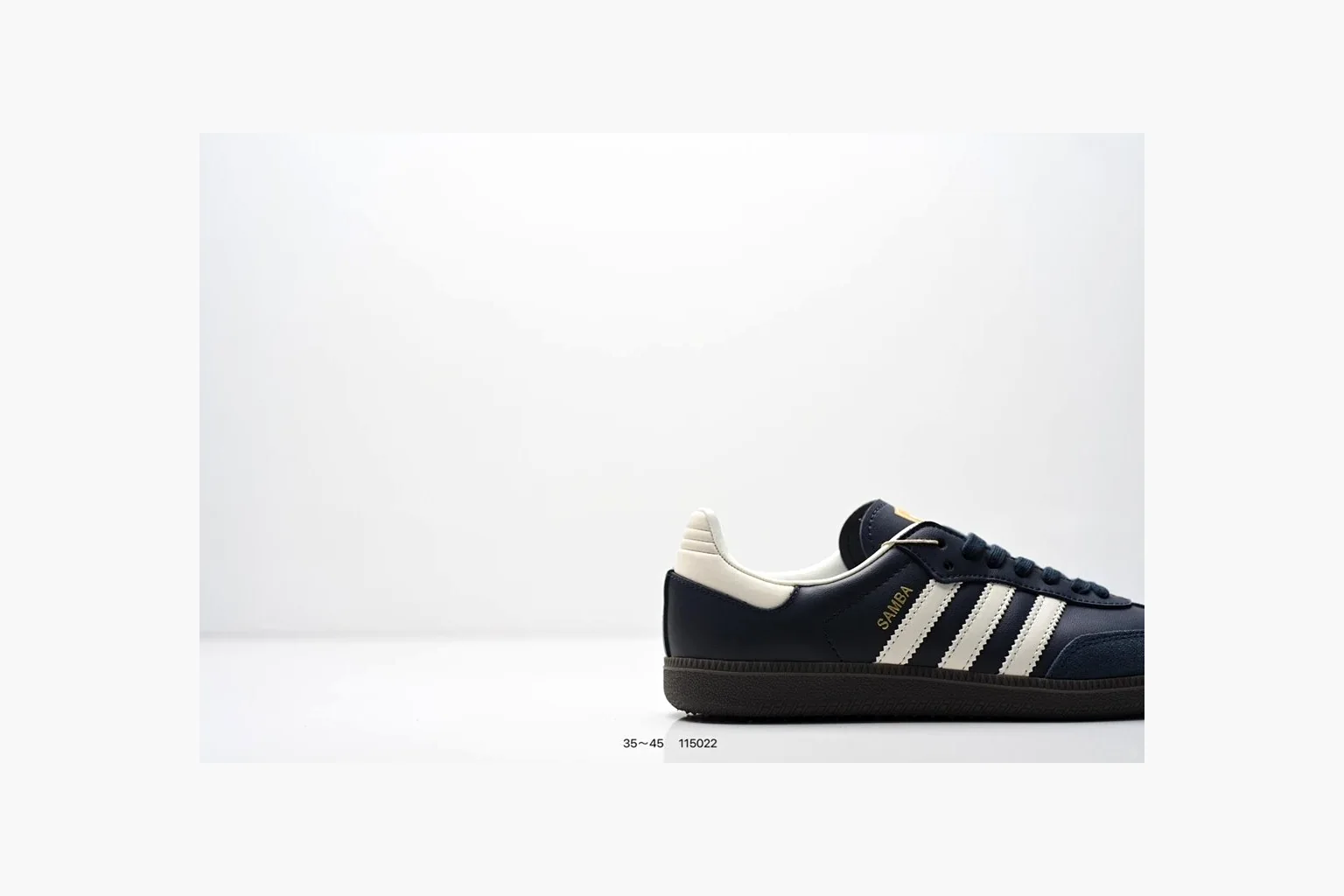 Adidas Samba OG Black White Gold comparison photo showing black leather-suede low-top upper, white three stripes, gold tongue label, gum sole, and classic Samba side profile thumbnail 6