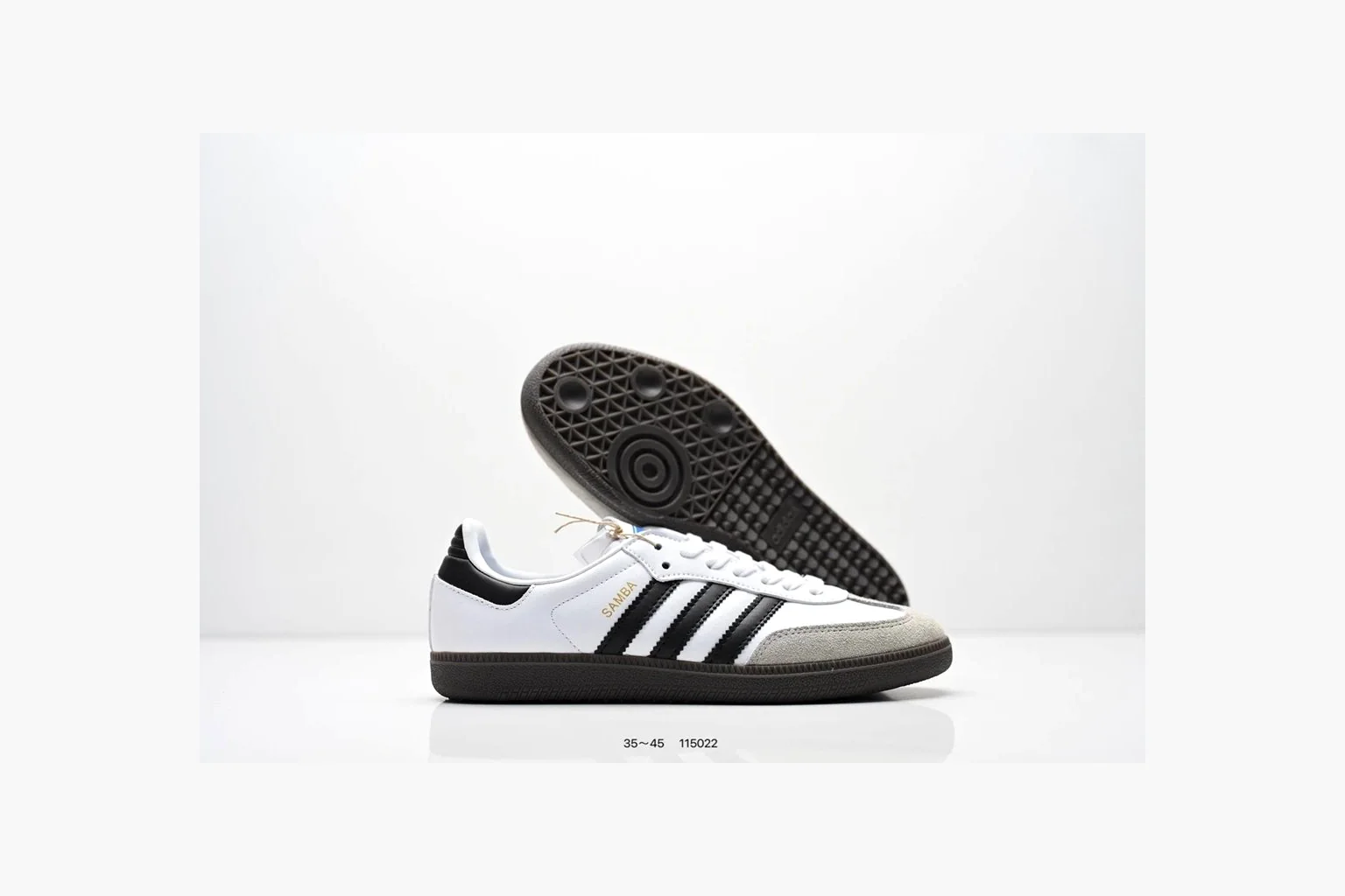 Adidas Samba OG White Black Blue comparison photo showing white leather-suede low-top upper, black three stripes, blue heel detail, gum terrace sole, and slim Samba profile thumbnail 3