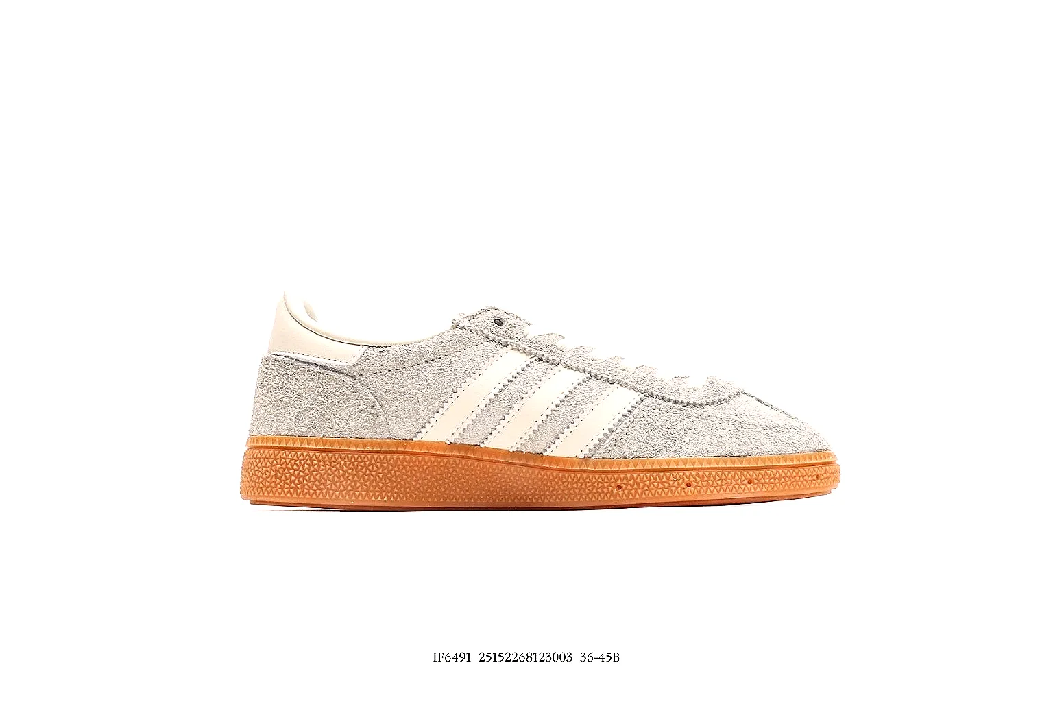 Adidas grey suede gum sole low top with visible side stripe proof