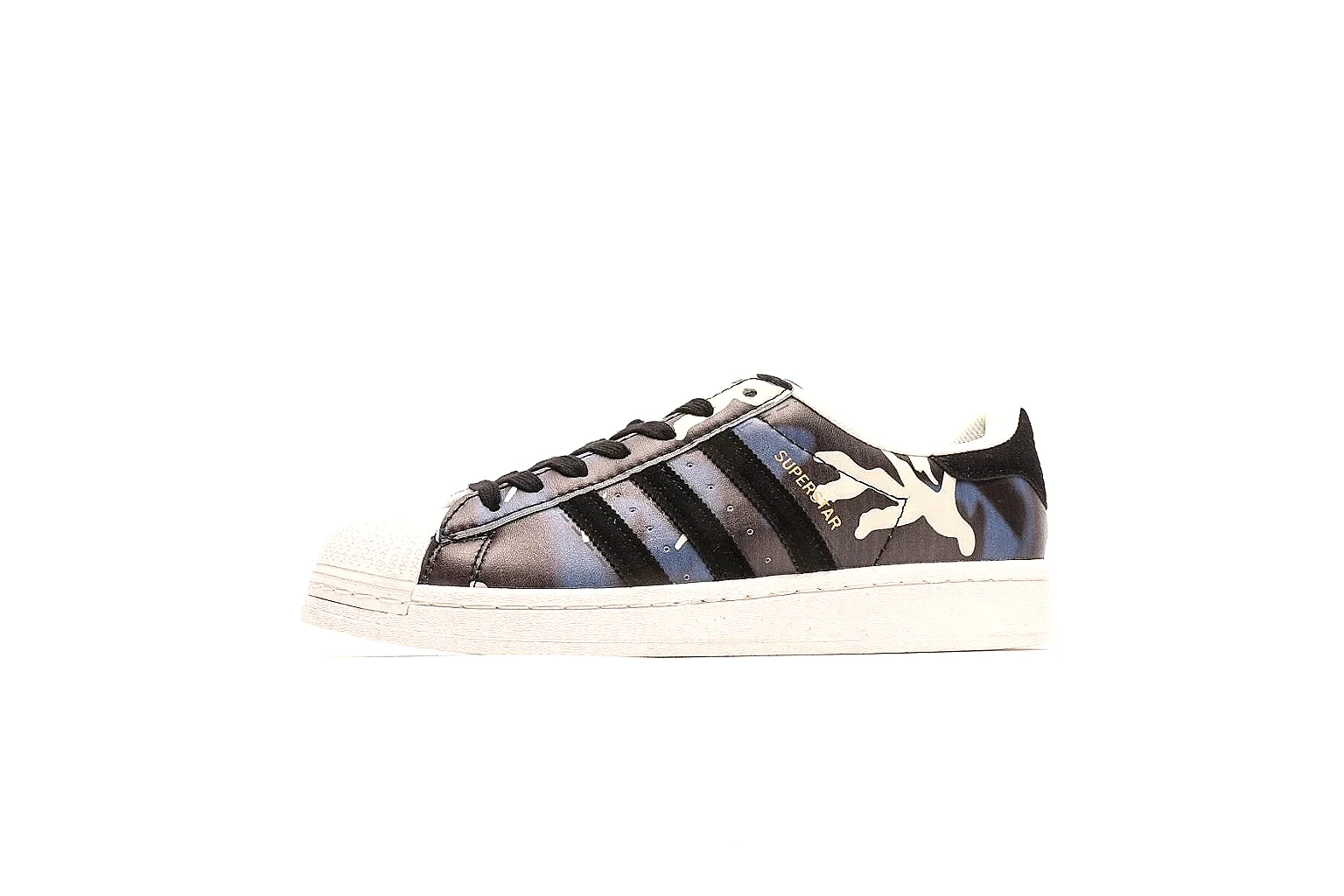 Adidas Superstar camo 0451 QC side profile with black stripes and shell toe thumbnail 2