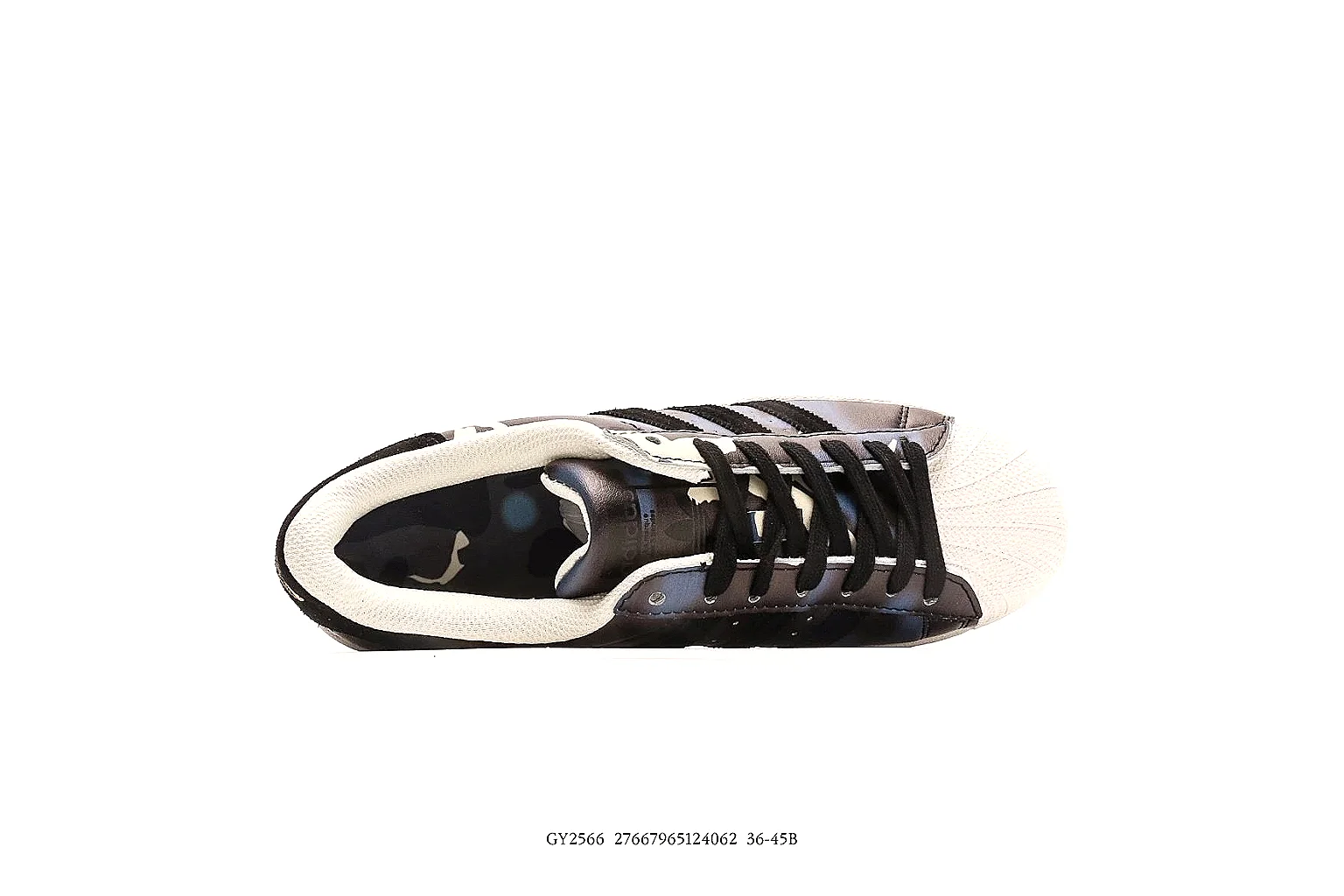 Adidas Superstar camo 0451 QC side profile with black stripes and shell toe