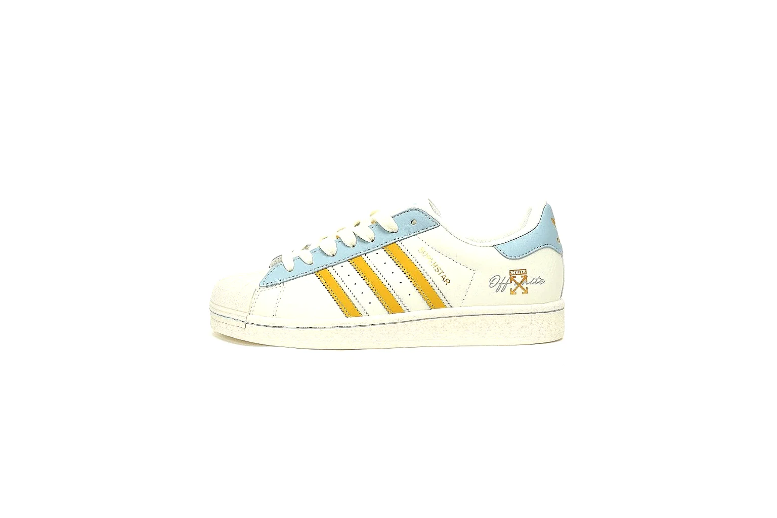 Adidas white blue yellow low top side view with visible stripes and shell toe thumbnail 2