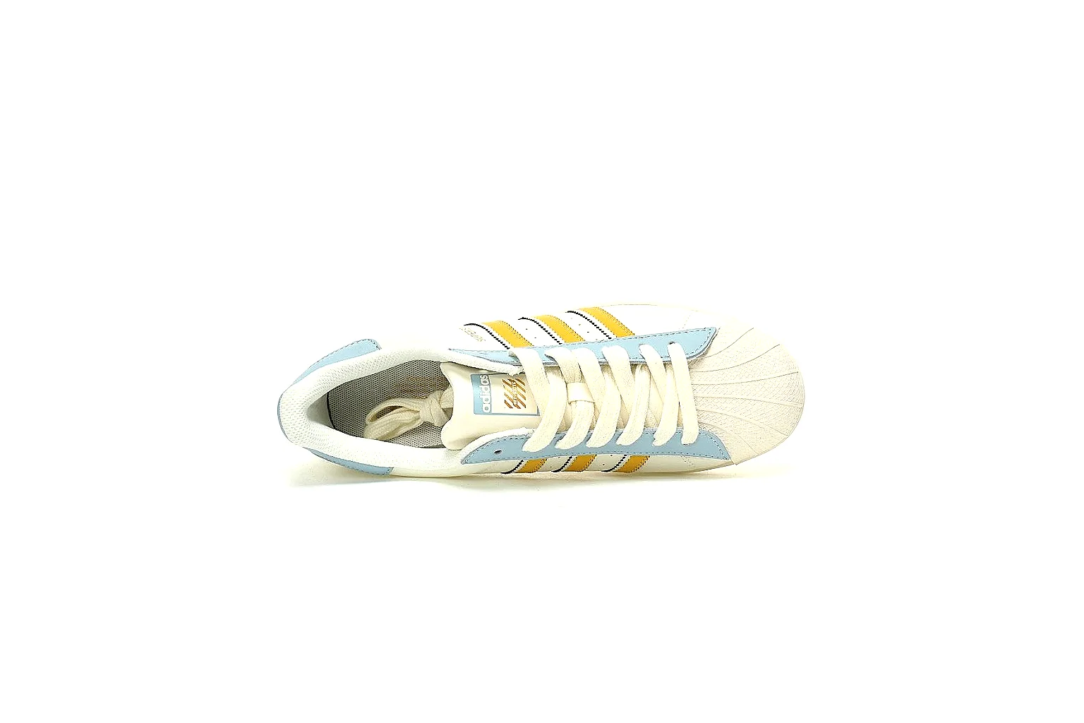 Adidas white blue yellow low top side view with visible stripes and shell toe