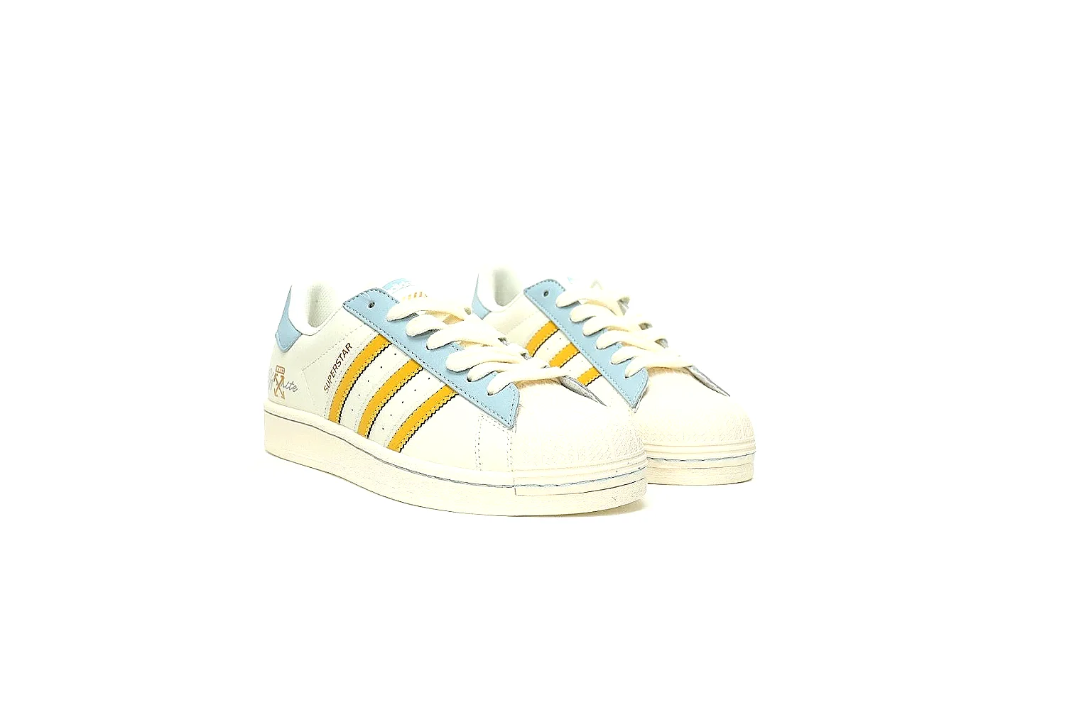 Adidas white blue yellow low top side view with visible stripes and shell toe thumbnail 4