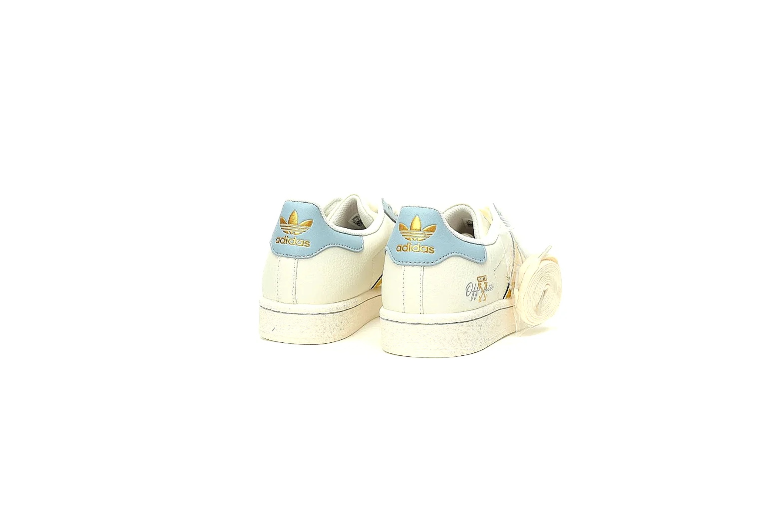 Adidas white blue yellow low top side view with visible stripes and shell toe thumbnail 5