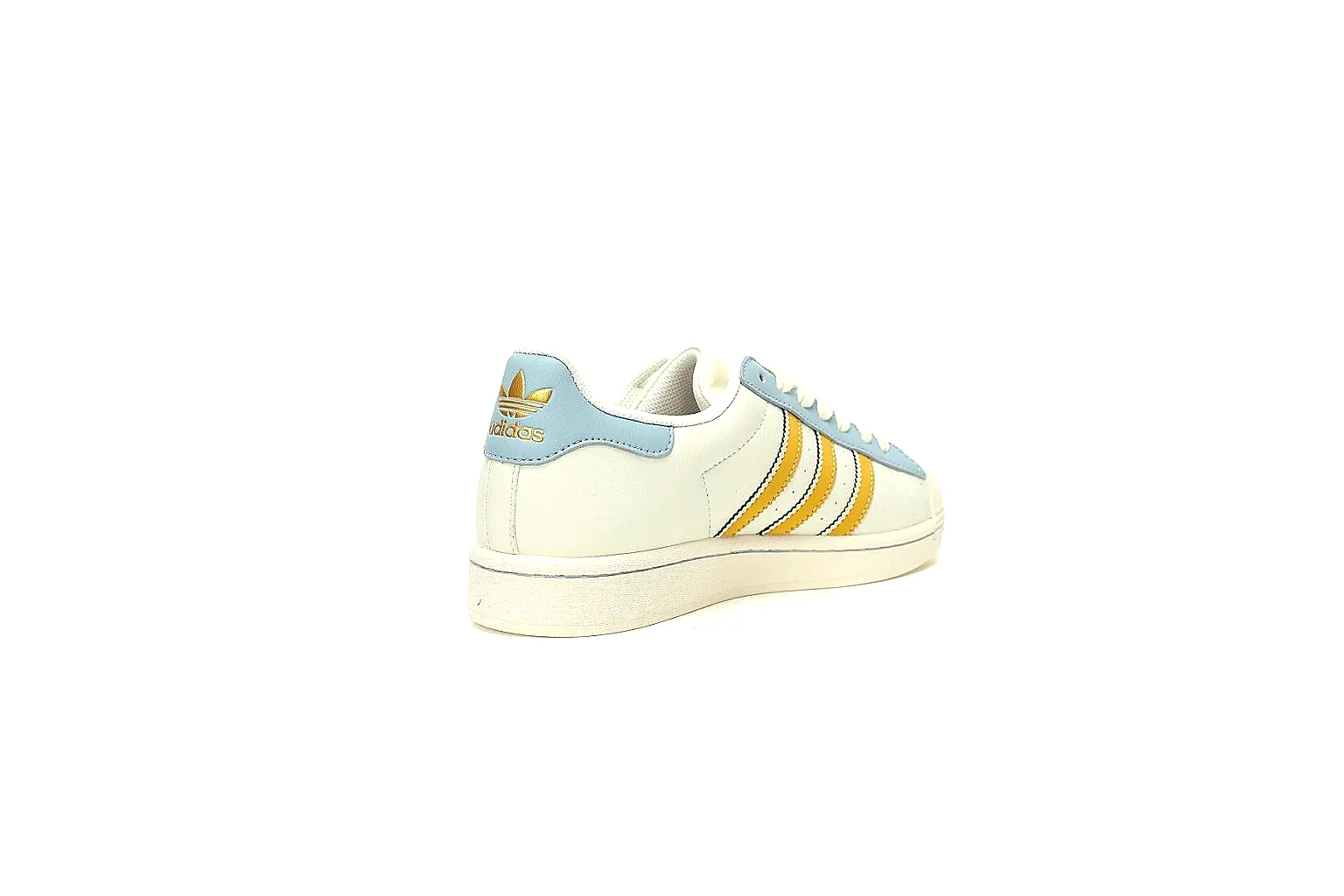 Adidas white blue yellow low top side view with visible stripes and shell toe thumbnail 6