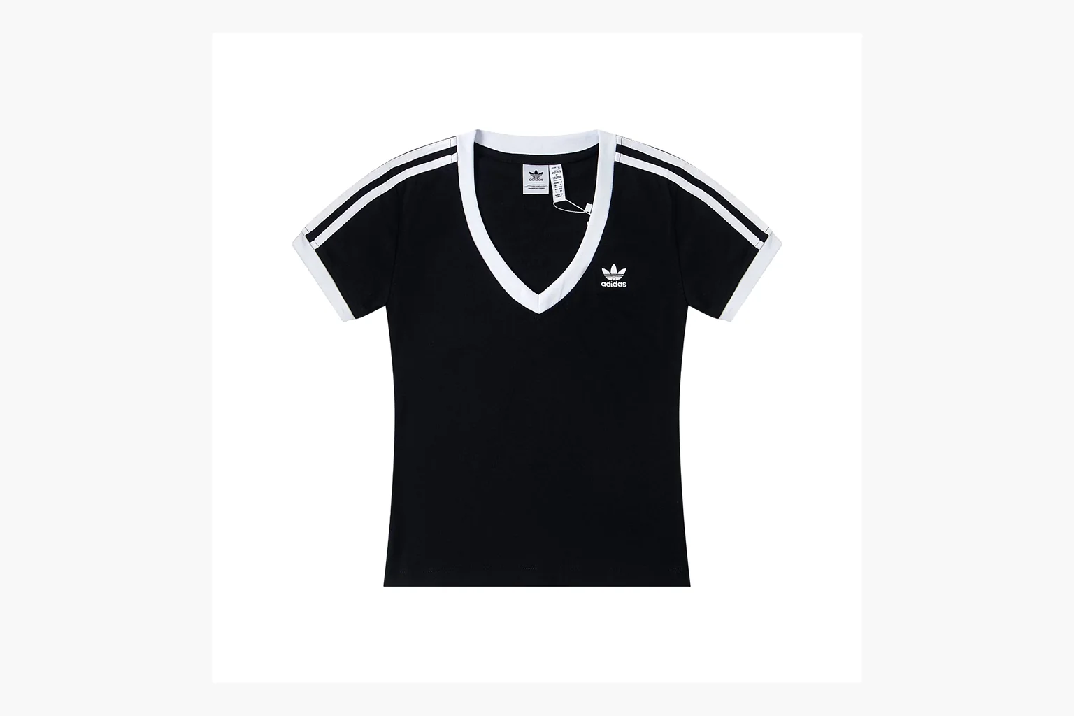 Adidas black V-neck ringer tee comparison image
