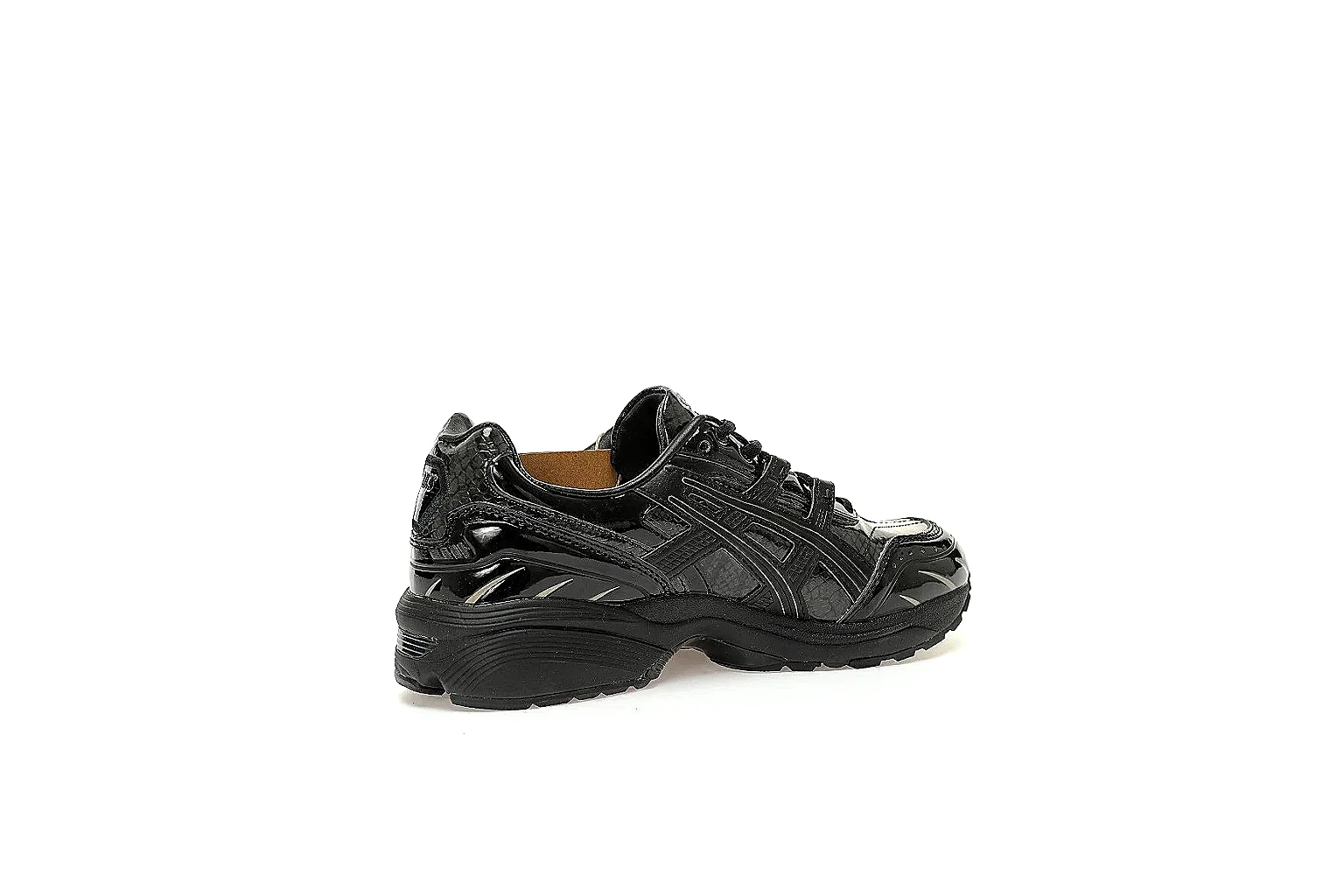 Asics black glossy runner with visible side overlays and QC comparison details