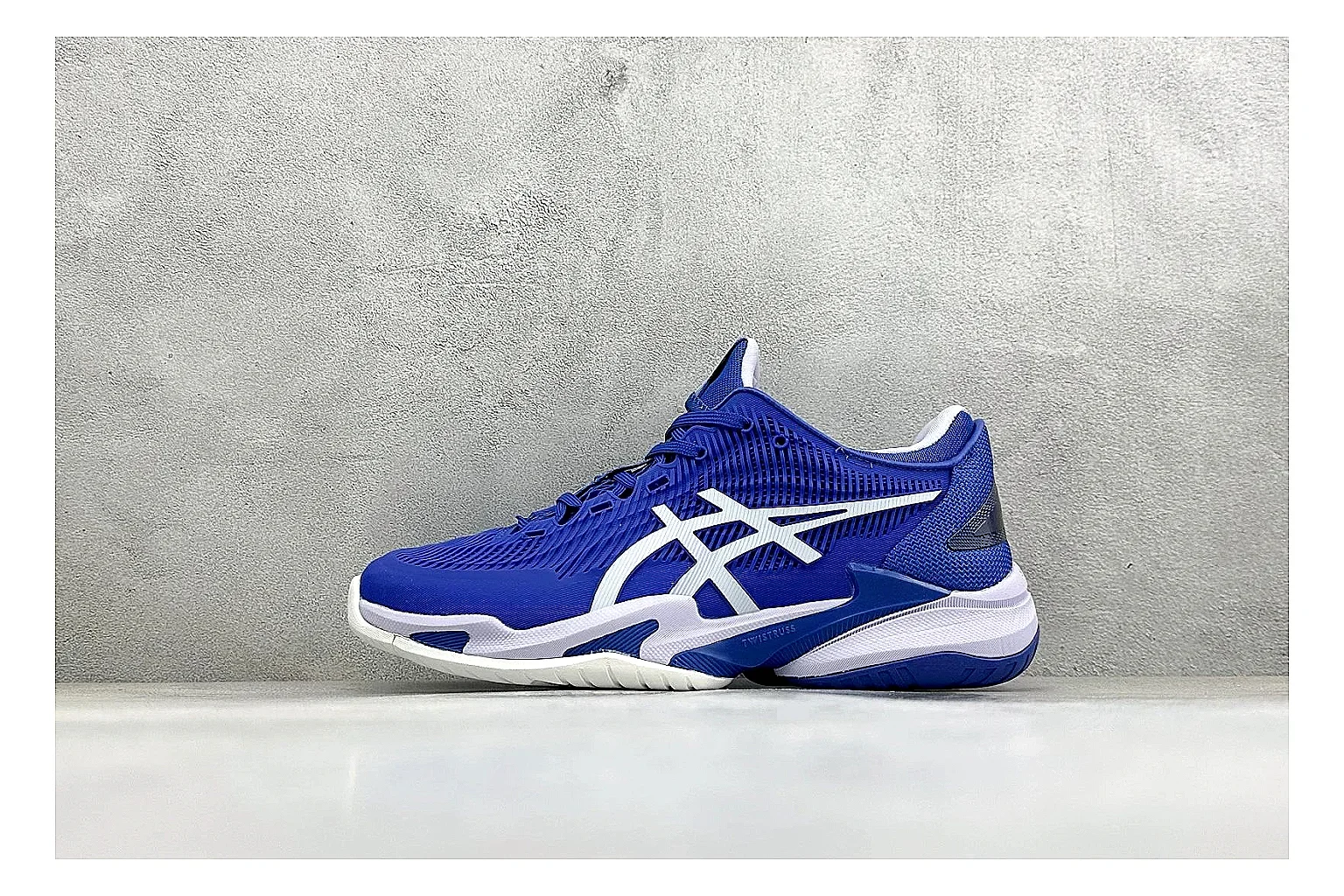 Asics Court FF Royal Blue comparison photo showing royal blue court upper, Asics side stripes, supportive sole wall, and stable tennis profile