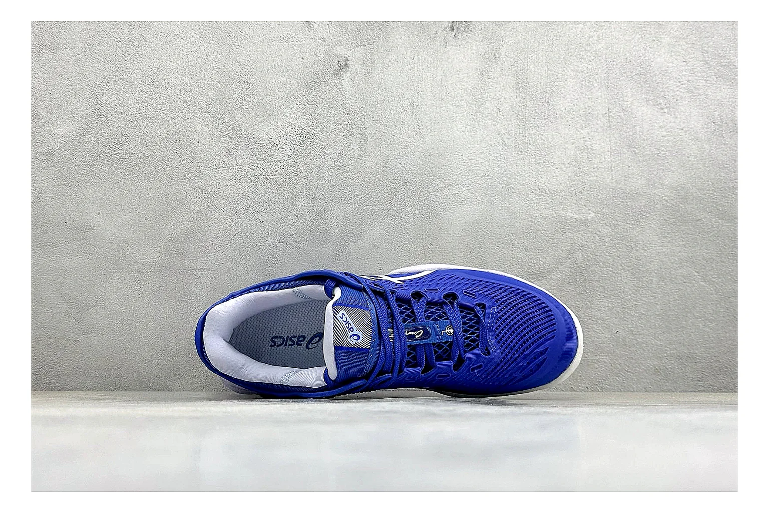 Asics Court FF Royal Blue comparison photo showing royal blue court upper, Asics side stripes, supportive sole wall, and stable tennis profile