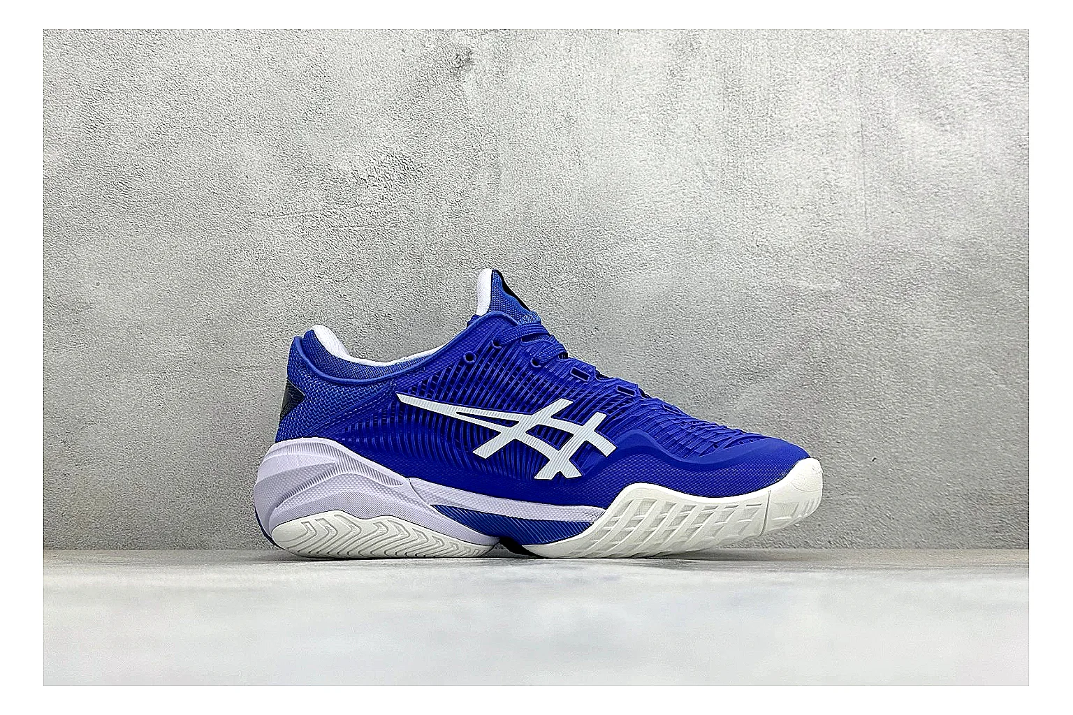Asics Court FF Royal Blue comparison photo showing royal blue court upper, Asics side stripes, supportive sole wall, and stable tennis profile thumbnail 6