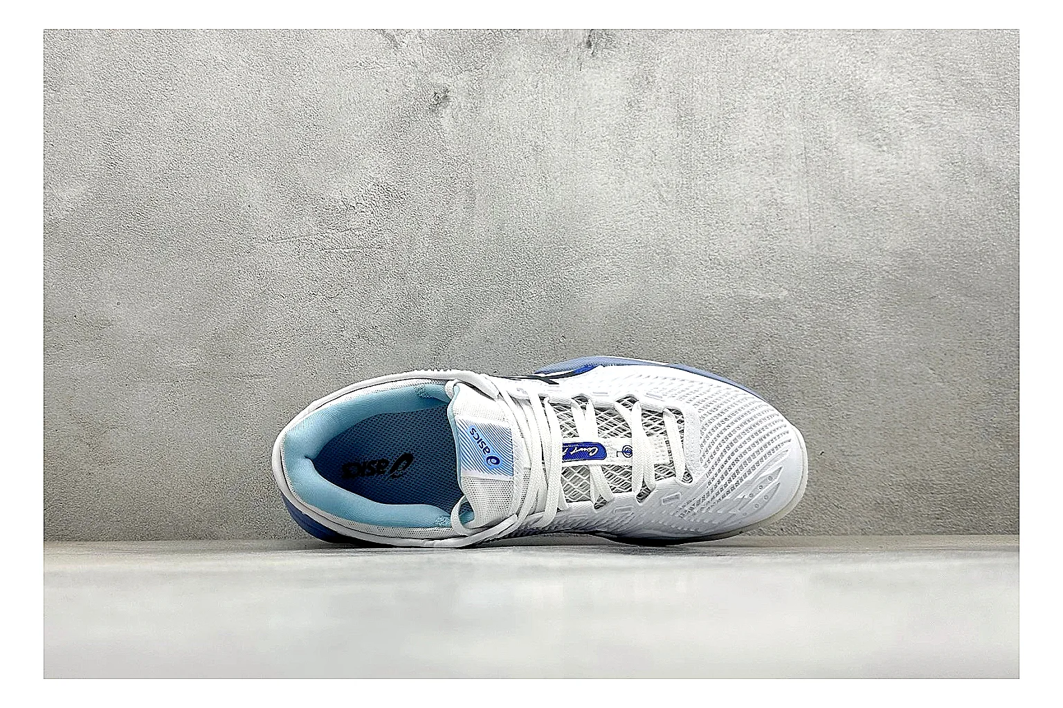 Asics Court FF White Blue comparison photo showing white tennis upper, blue Asics side lines, supportive sole wall, and stable court profile
