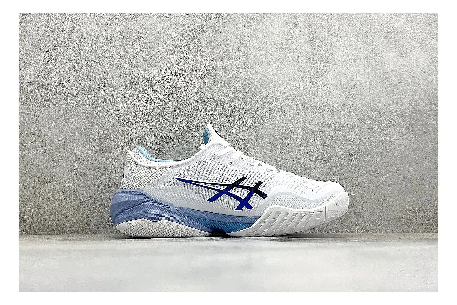Asics Court FF White Blue comparison photo showing white tennis upper, blue Asics side lines, supportive sole wall, and stable court profile thumbnail 6