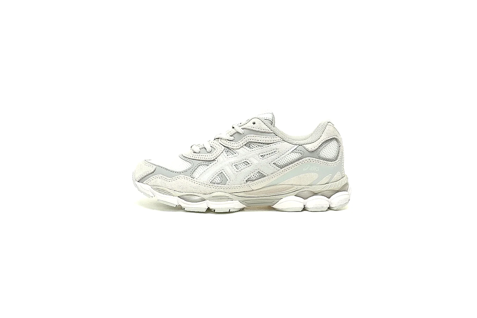 ASICS cream grey runner side view with layered mesh and suede panels thumbnail 2