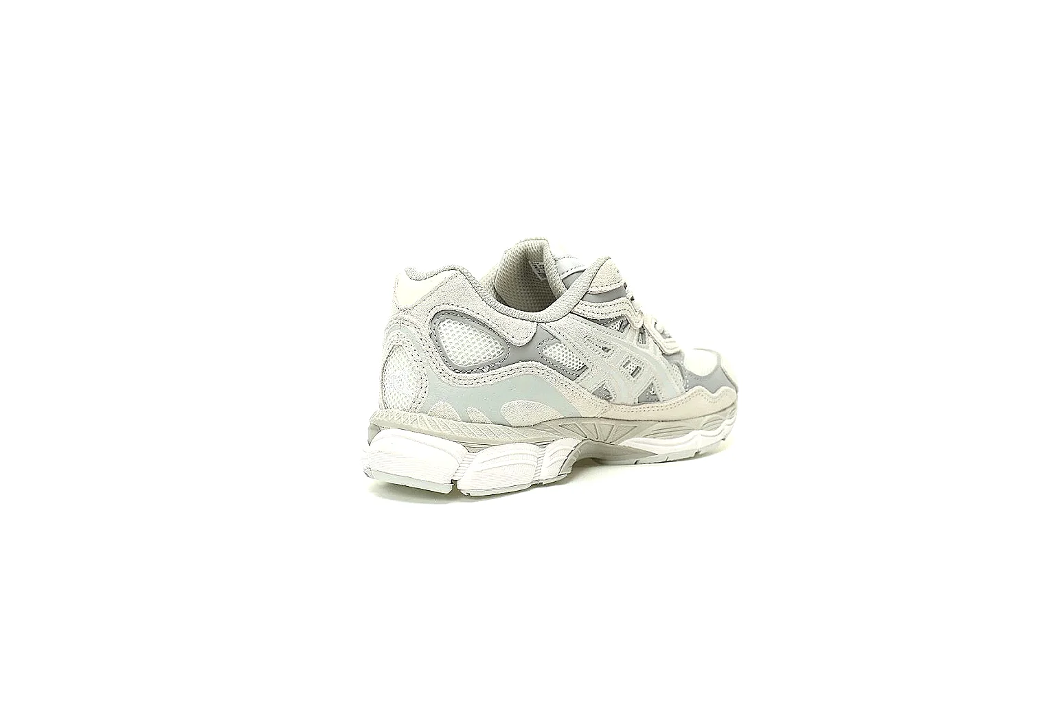 ASICS cream grey runner side view with layered mesh and suede panels