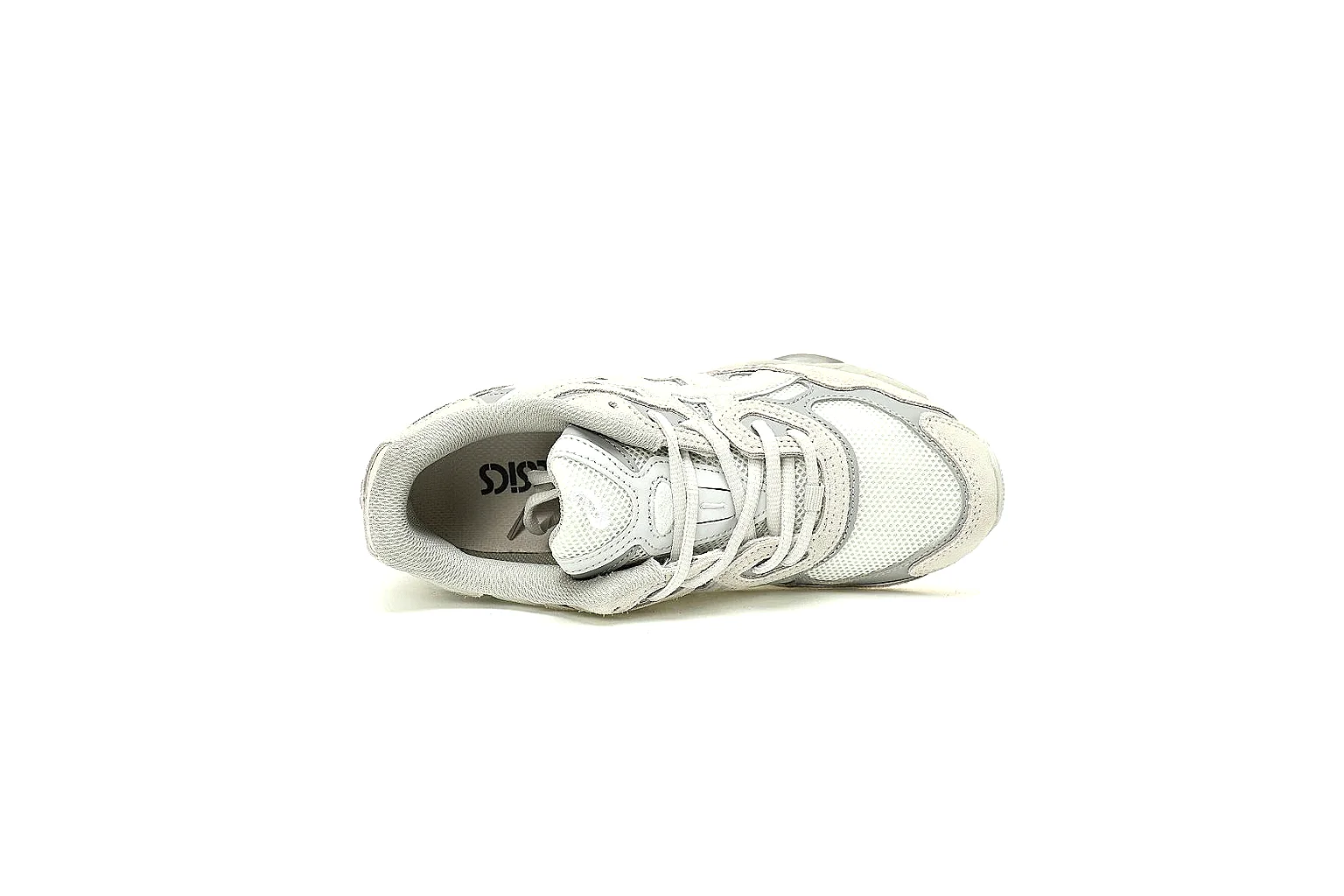 ASICS cream grey runner side view with layered mesh and suede panels thumbnail 3