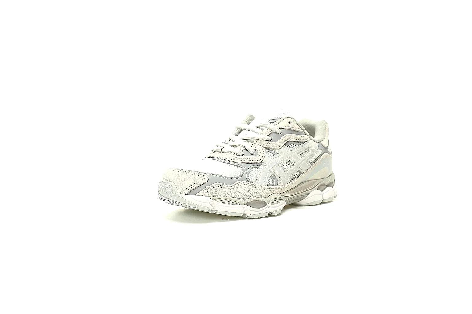 ASICS cream grey runner side view with layered mesh and suede panels thumbnail 6