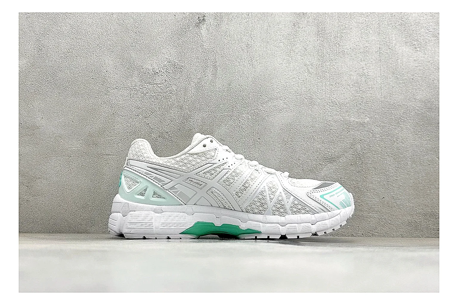 Asics Gel-Kayano White Mint comparison photo showing white mesh runner upper, mint Asics accents, cushioned Gel-Kayano sole, and technical support shape thumbnail 6