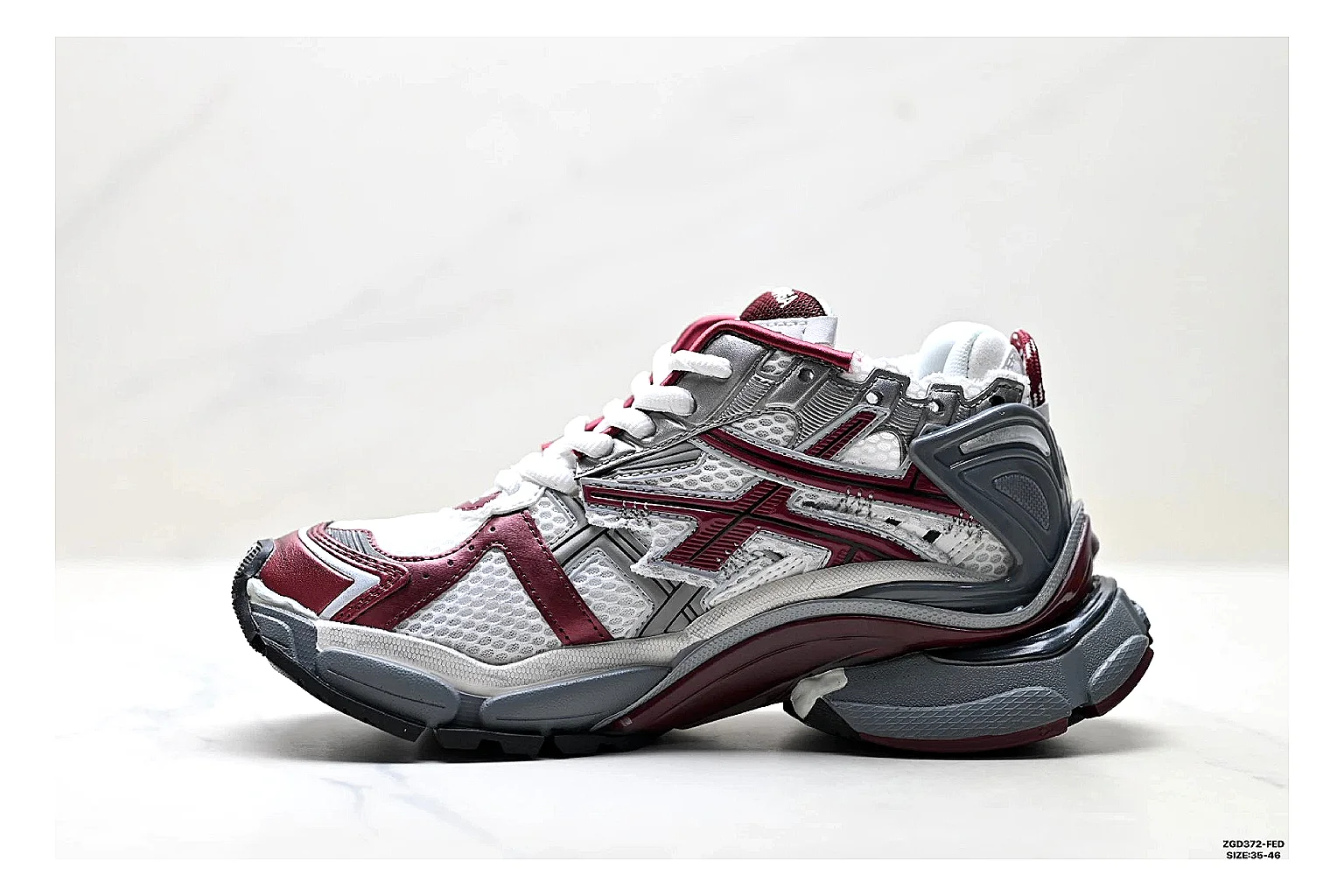 Asics Gel Runner Gray Burgundy comparison photo showing gray mesh-leather runner upper, burgundy Asics accents, retro runner shape, and cushioned sole