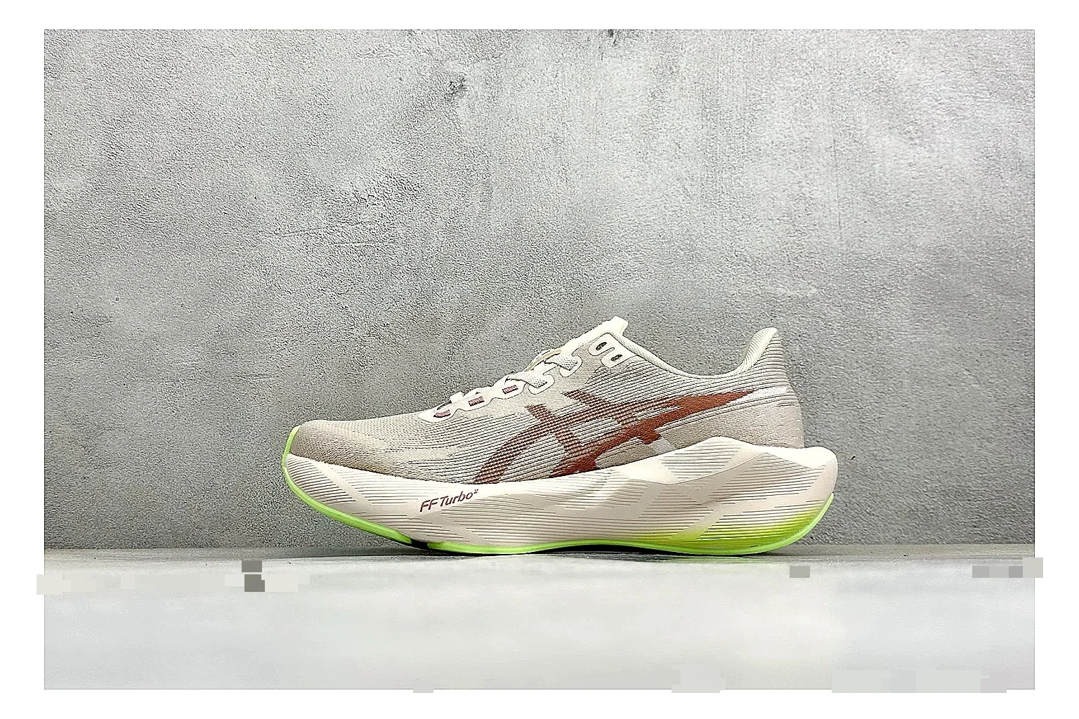 Asics Novablast 6 Cream Green comparison photo showing cream running mesh, green side accents, tall cushioned sole, and modern training silhouette