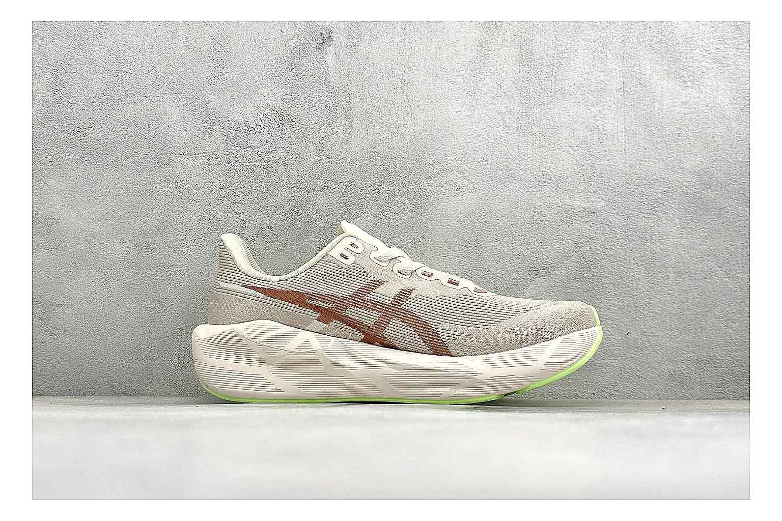 Asics Novablast 6 Cream Green comparison photo showing cream running mesh, green side accents, tall cushioned sole, and modern training silhouette thumbnail 6