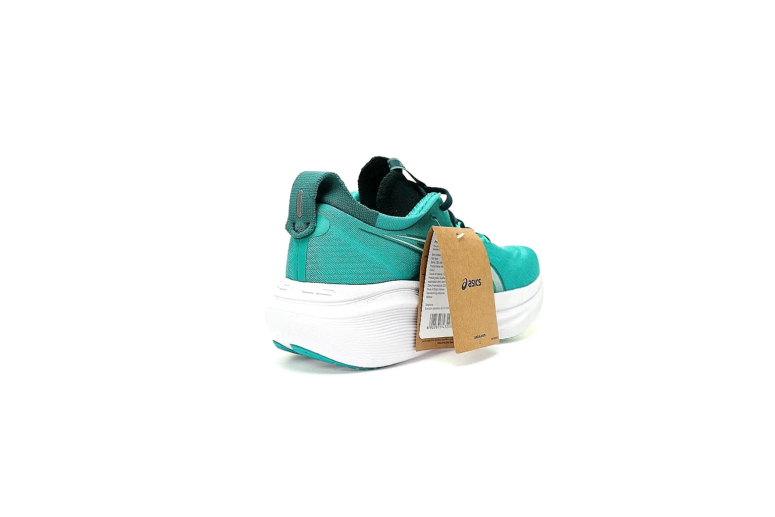 ASICS turquoise PureGEL runner side profile with visible QC markers