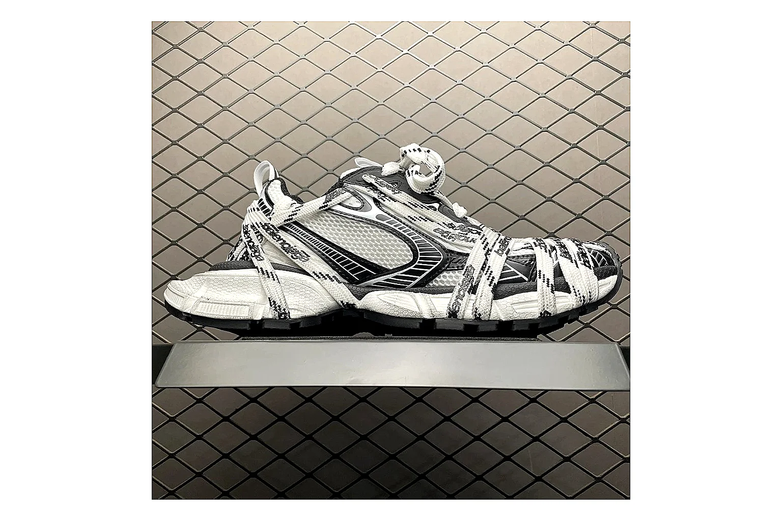 Balenciaga Track White Black Sandal comparison signal photo with white black track sport sandal with mixed upper and sandal shape
