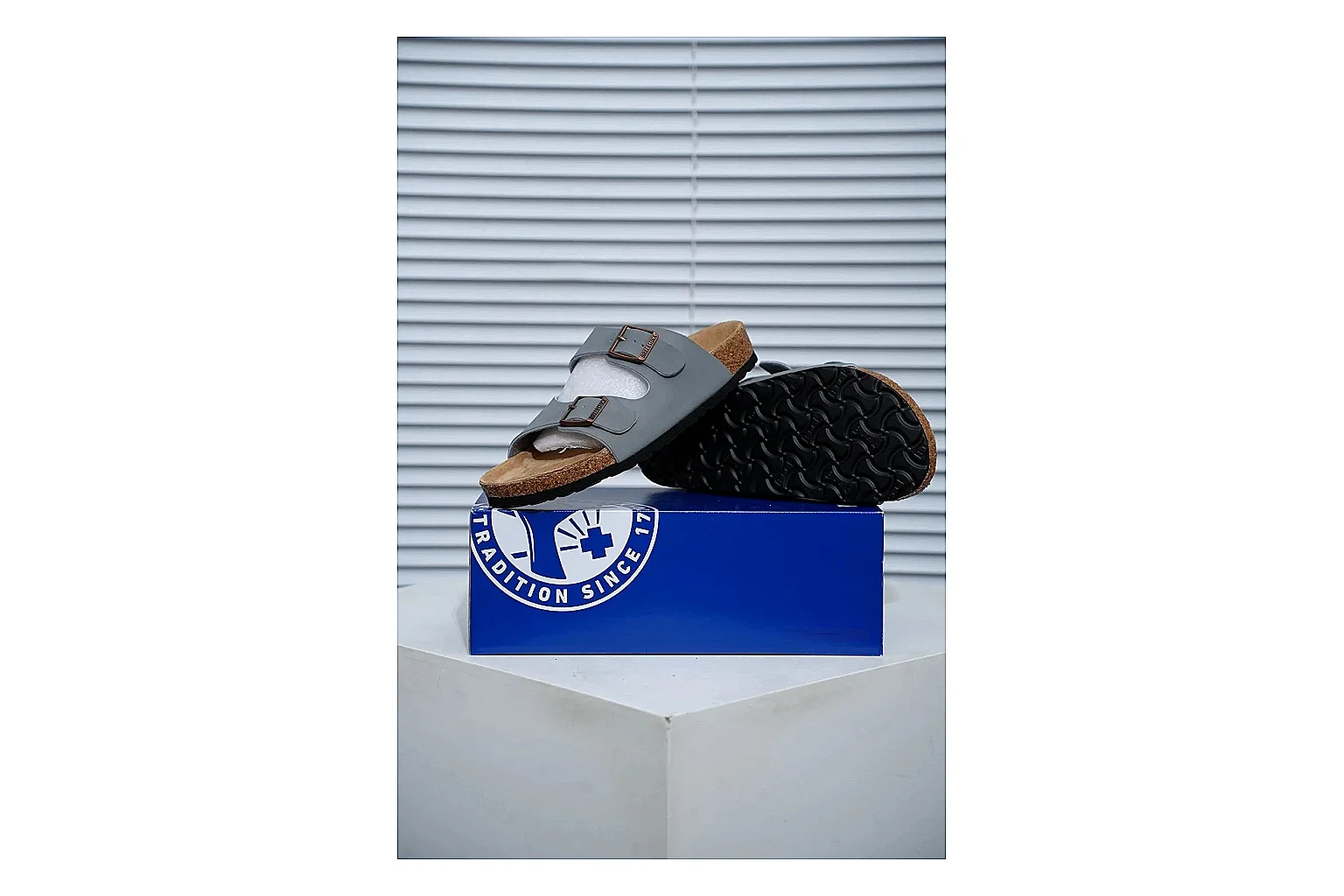 Birkenstock Arizona Charcoal Cork Slide comparison signal image with adjustable buckles, molded cork footbed and dark outsole for understated everyday style thumbnail 6