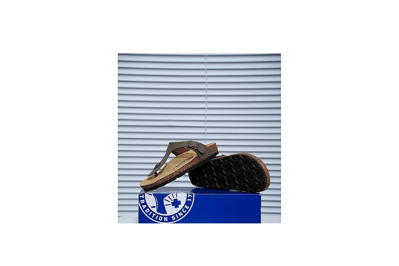 Birkenstock Arizona Taupe Cork Slide comparison signal image with neutral upper, adjustable buckles and contoured footbed for easy daily wear thumbnail 6
