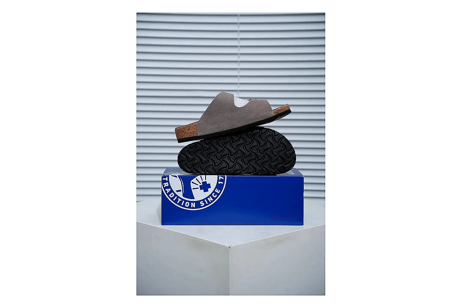 Birkenstock Arizona Taupe Cork Slide comparison signal image with suede-look upper, adjustable buckles and contoured footbed for natural everyday styling thumbnail 2